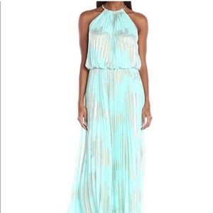 MSK Women's Gold Chain Halter Neck Maxi Woven Pleated Dress